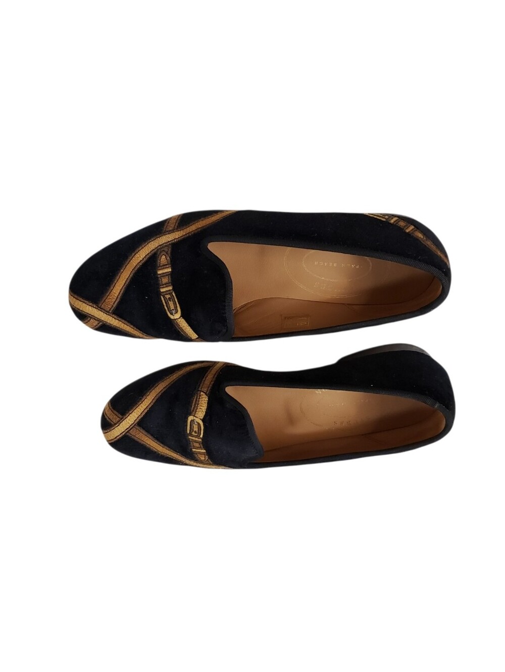 Stubbs & Wotton Black Velvet Embroidered Loafers with Gold Trim - Women Size 7.5 - Picture 5 of 8